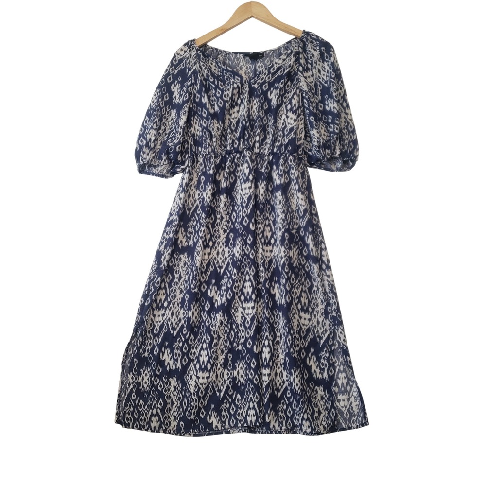 Stella & Julie Midi Dress Womens Medium Blue White Ikat Puff Sleeve Boho Slit